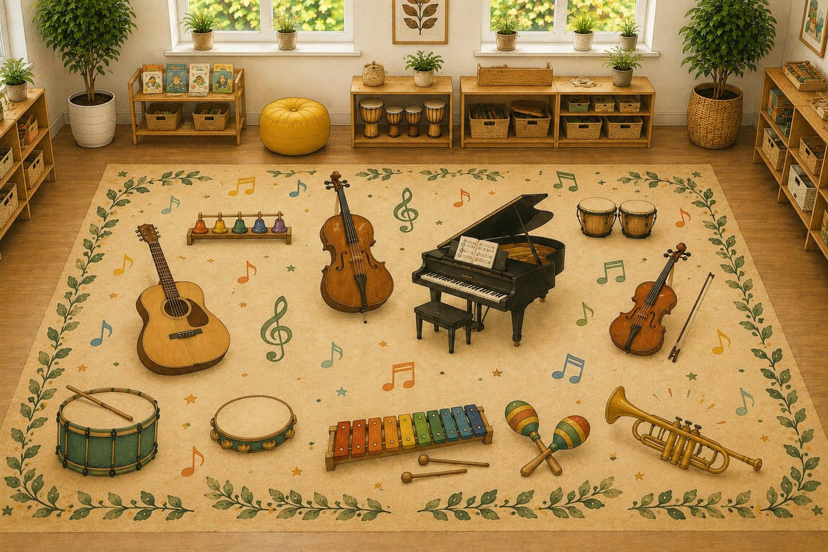 ICE ARMOR Large 6'7" x 9'10" Musical Instruments Area Rug, Soft Low Pile Indoor Rug with Non-Slip Silicone Backing for Kids Room, Playroom, Beige