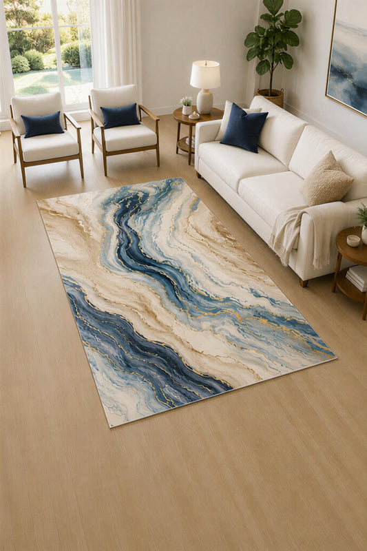 ICE ARMOR 5' x 7' Blue and Cream Marble Current Area Rug for Living Room, Soft Low Pile Carpet with Non-Slip Silicone Backing, Decor for Bedroom and Home Office