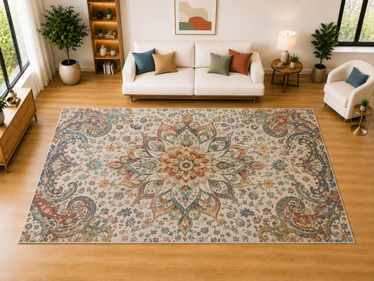 ICE ARMOR "Ultra Light Weight Large 6'7" x 9'10" Elegant Floral Scroll Area Rug for Living Room, Bedroom, Dining Room, Soft Low Pile Non-Slip Backing, Teal Mauve Beige