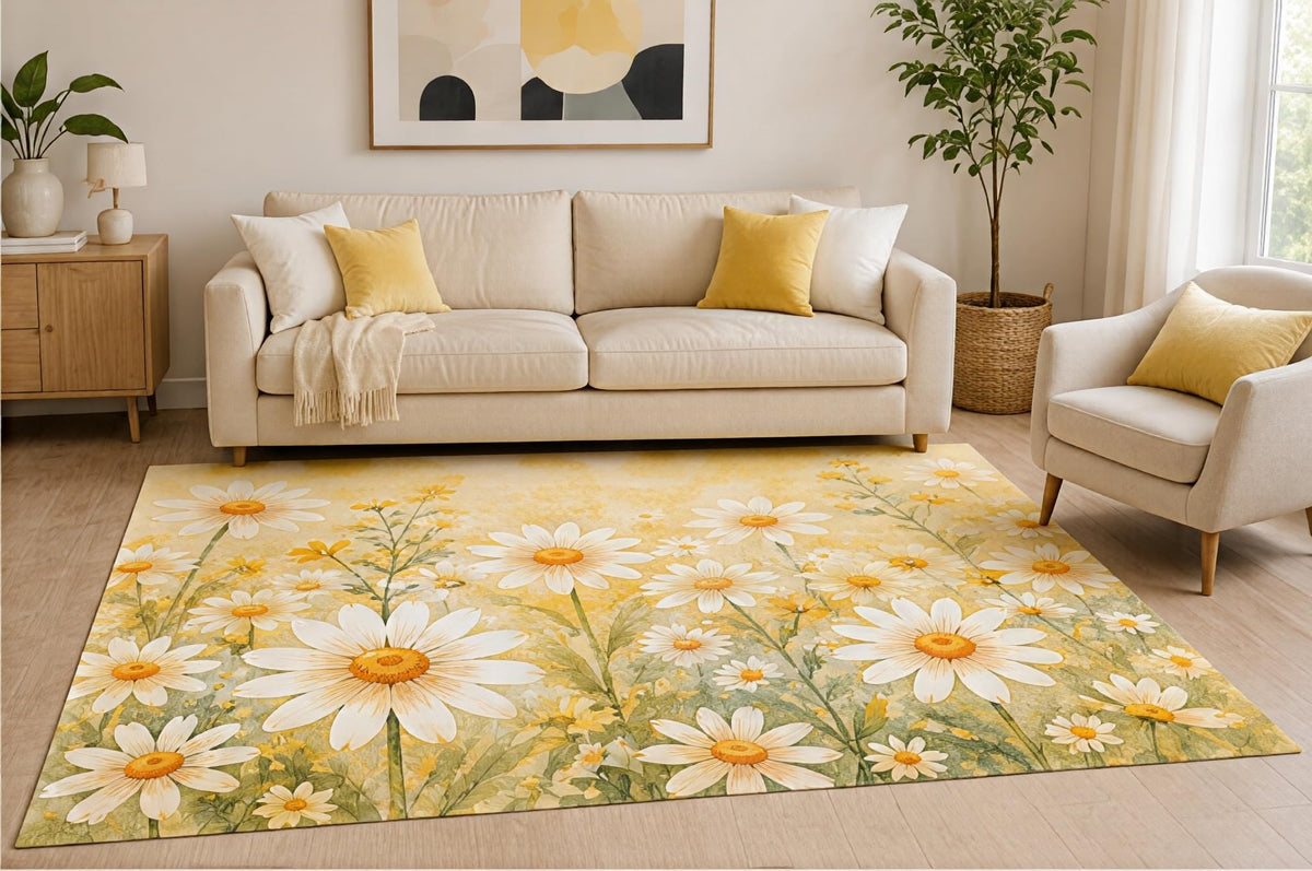 ICE ARMOR 5' x 7' Daisy Floral Area Rug, Yellow White Wildflower Meadow Botanical Design for Living Room Bedroom Nursery, Non-Slip Silicone Backing, Low Pile Carpet