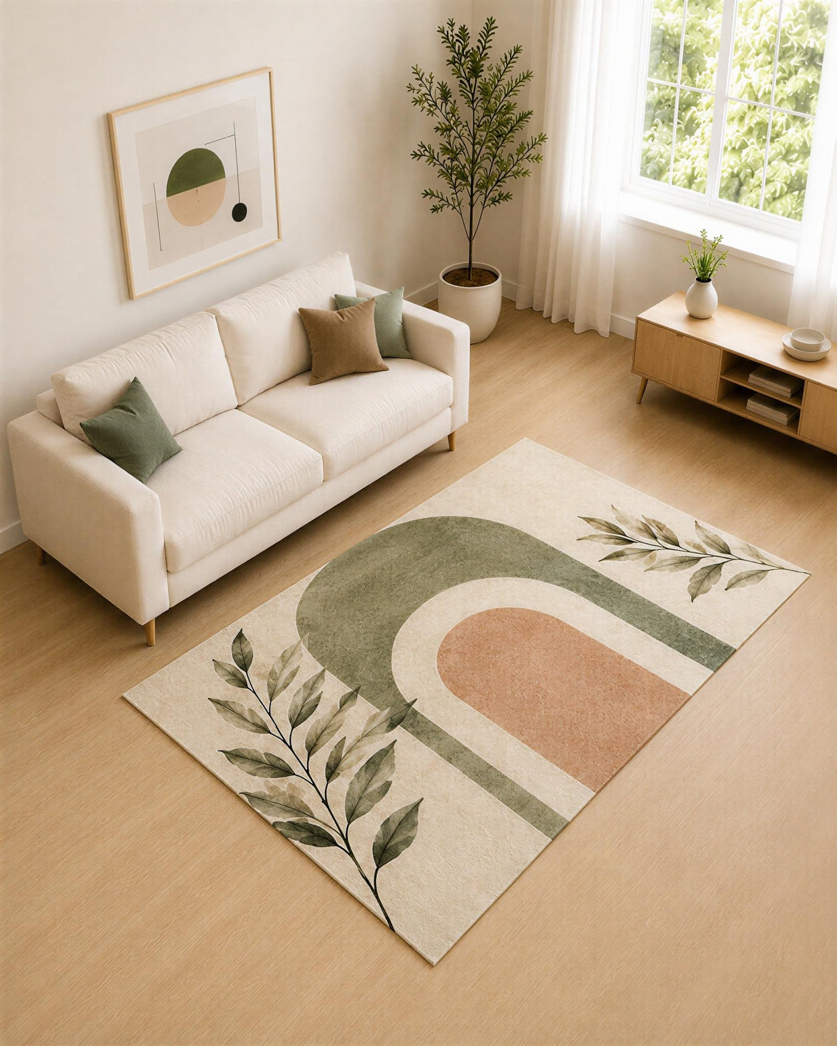 ICE ARMOR 5' x 7' Sage Green and Blush Arch Leaves Area Rug for Living Room, Soft Low Pile Carpet with Non-Slip Silicone Backing, Decor for Bedroom and Home Office