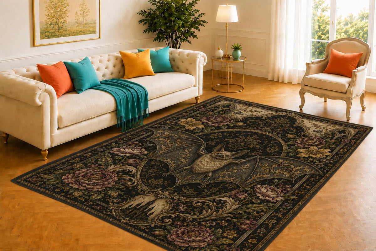 ICE ARMOR 5' x 7' Gothic Bat Rug, Damask Floral Winged Creature Pattern, Smooth Printed Floor Cover for Bedroom, Lounge, Foyer and Victorian Home Decor