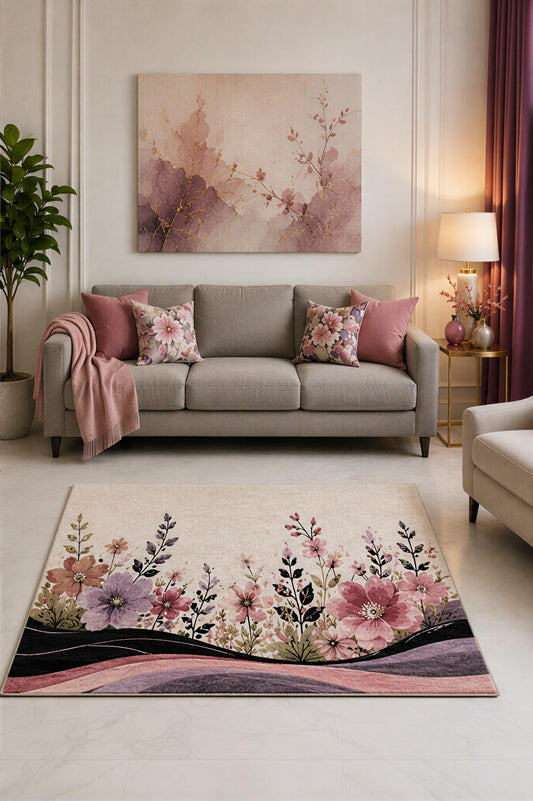ICE ARMOR "Ultra Lightweight 5' x 7' Rose and Lilac Wildflower Ribbon Area Rug for Living Room, Bedroom and Home Office, Soft Low Pile Carpet with Non-Slip Silicone Backing