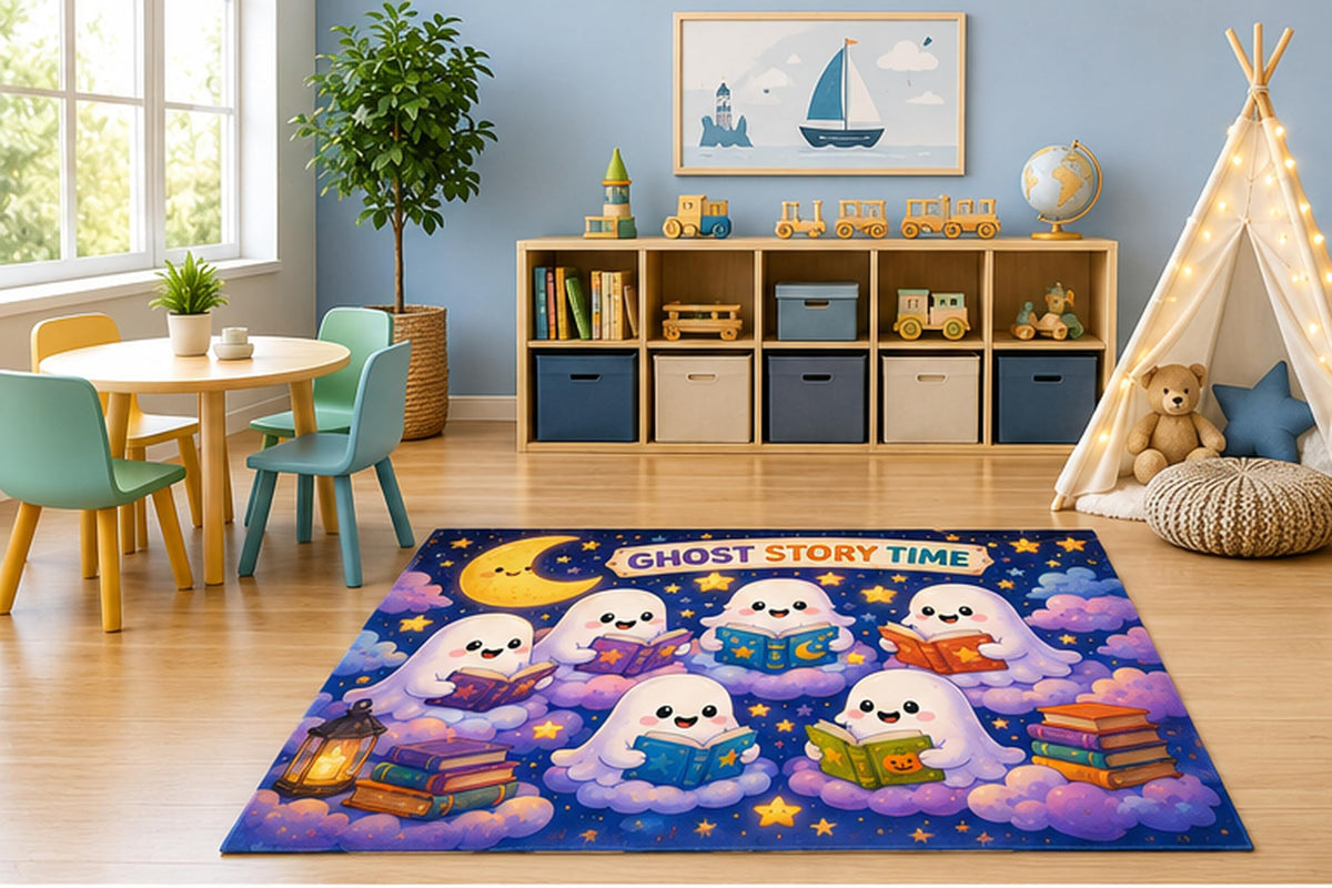 ICE ARMOR 5' x 7' Ghost Story Time Kids Area Rug, Cute Reading Ghosts Moon Stars Books Cartoon Playroom Nursery Bedroom Reading Corner Decor, Non-Slip Silicone Backing Low Pile
