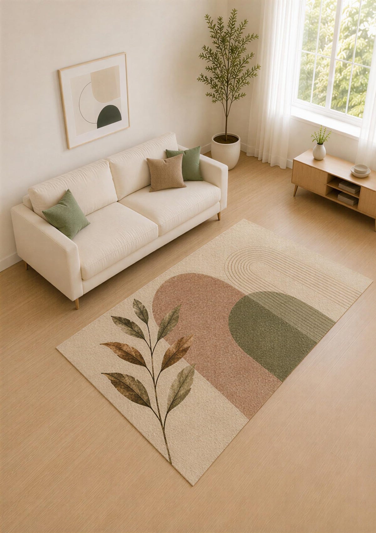 ICE ARMOR 5' x 7' Olive Green and Blush Geometric Leaf Area Rug for Living Room, Soft Low Pile Carpet with Non-Slip Silicone Backing, Decor for Bedroom and Home Office