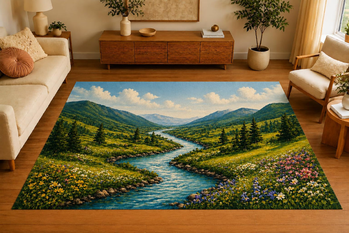 ICE ARMOR 5' x 7' River Valley Mountain View Area Rug, Soft Low Pile Indoor Rug with Non-Slip Silicone Backing, Nature Carpet for Living Room, Bedroom, Office, Family Room, Sage Green