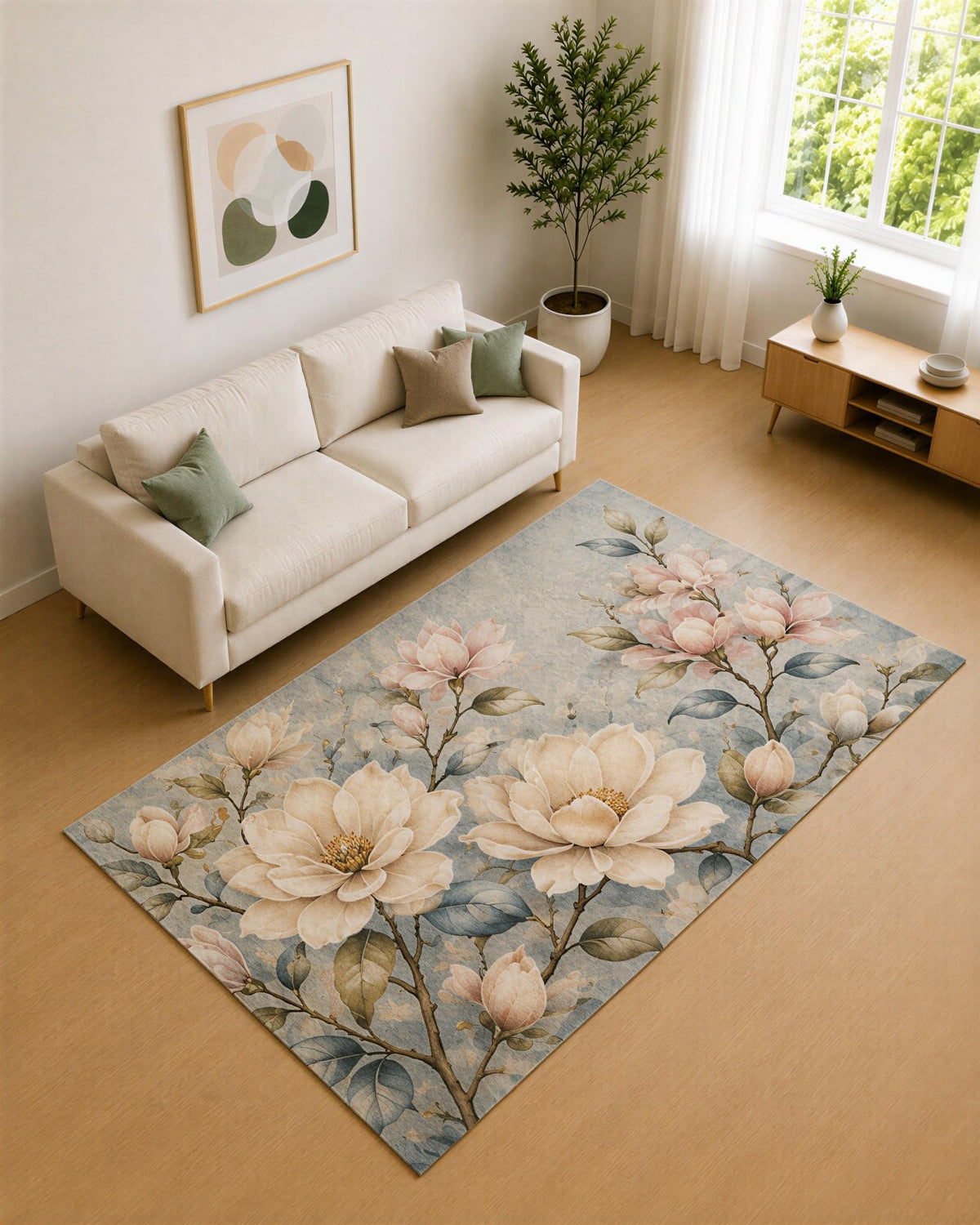 ICE ARMOR 5' x 7' Soft Blue and Ivory Magnolia Blossom Area Rug for Living Room, Soft Low Pile Carpet with Non-Slip Silicone Backing, Decor for Bedroom and Home Office