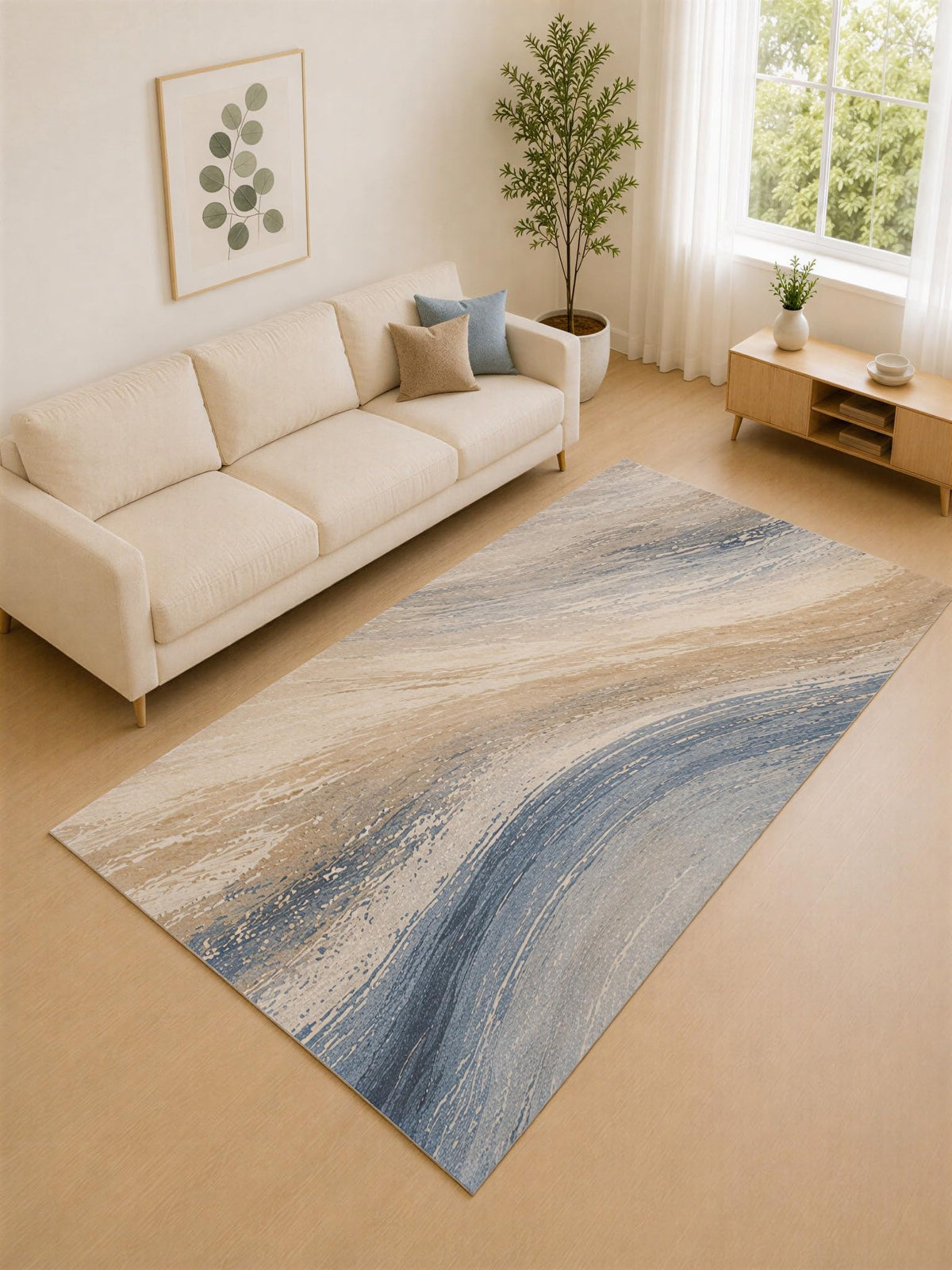 ICE ARMOR Large 6'7" x 9'10" Blue Gray and Beige Brushstroke Flow Area Rug for Living Room, Soft Low Pile Carpet with Non-Slip Silicone Backing, Decor for Bedroom and Home Office