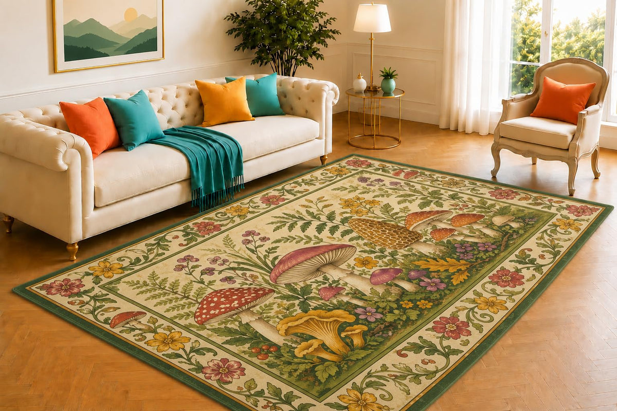 ICE ARMOR 5' x 7' Woodland Mushroom Area Rug for Living Room, Soft Low Pile Indoor Rug with Non-Slip Silicone Backing, Decorative Carpet for Bedroom, Office, Cabin & Rustic Decor, Cream