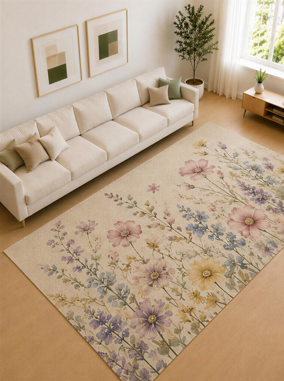 ICE ARMOR Large 6'7" x 9'10" Blush Pink and Lavender Wildflower Drift Area Rug for Living Room, Soft Low Pile Carpet with Non-Slip Silicone Backing, Decor for Bedroom and Home Office