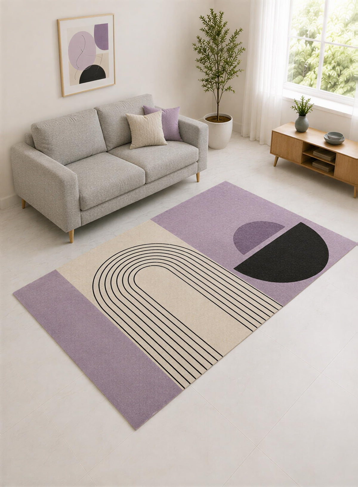 ICE ARMOR "Ultra Lightweight 5' x 7' Lavender and Cream Modern Rainbow Arch Area Rug for Living Room, Bedroom and Home Office, Soft Low Pile Carpet with Non-Slip Silicone Backing