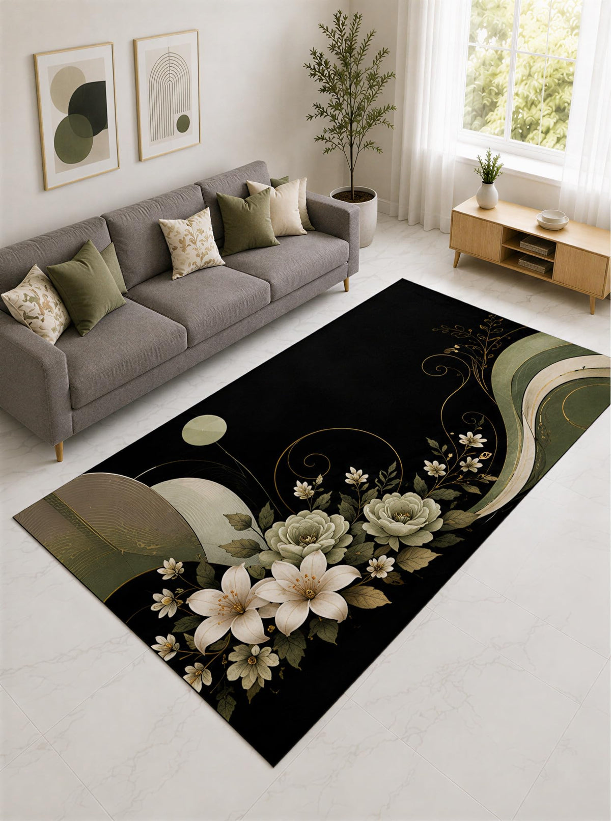 ICE ARMOR "Ultra Lightweight Large 6'7" x 9'10" Sage and Cream Botanical Curve Area Rug for Living Room, Bedroom and Home Office, Soft Low Pile Carpet with Non-Slip Silicone Backing