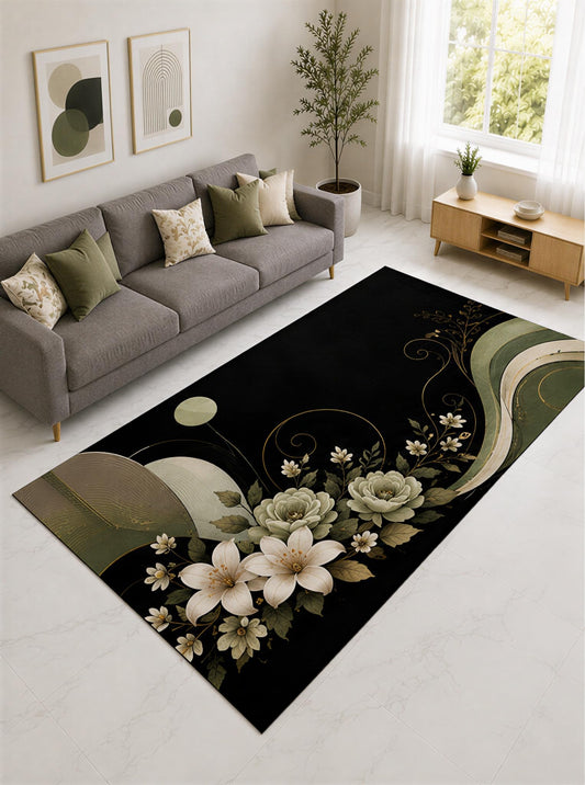 ICE ARMOR "Ultra Lightweight Large 6'7" x 9'10" Sage and Cream Botanical Curve Area Rug for Living Room, Bedroom and Home Office, Soft Low Pile Carpet with Non-Slip Silicone Backing
