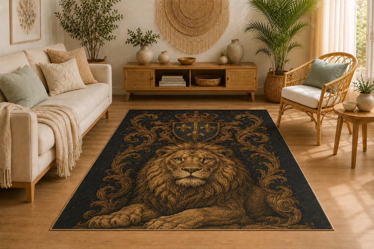 ICE ARMOR 5' x 7' Royal Lion Crest Area Rug for Living Room, Soft Low Pile Indoor Rug with Non-Slip Silicone Backing, Carpet for Bedroom, Office, Navy Blue