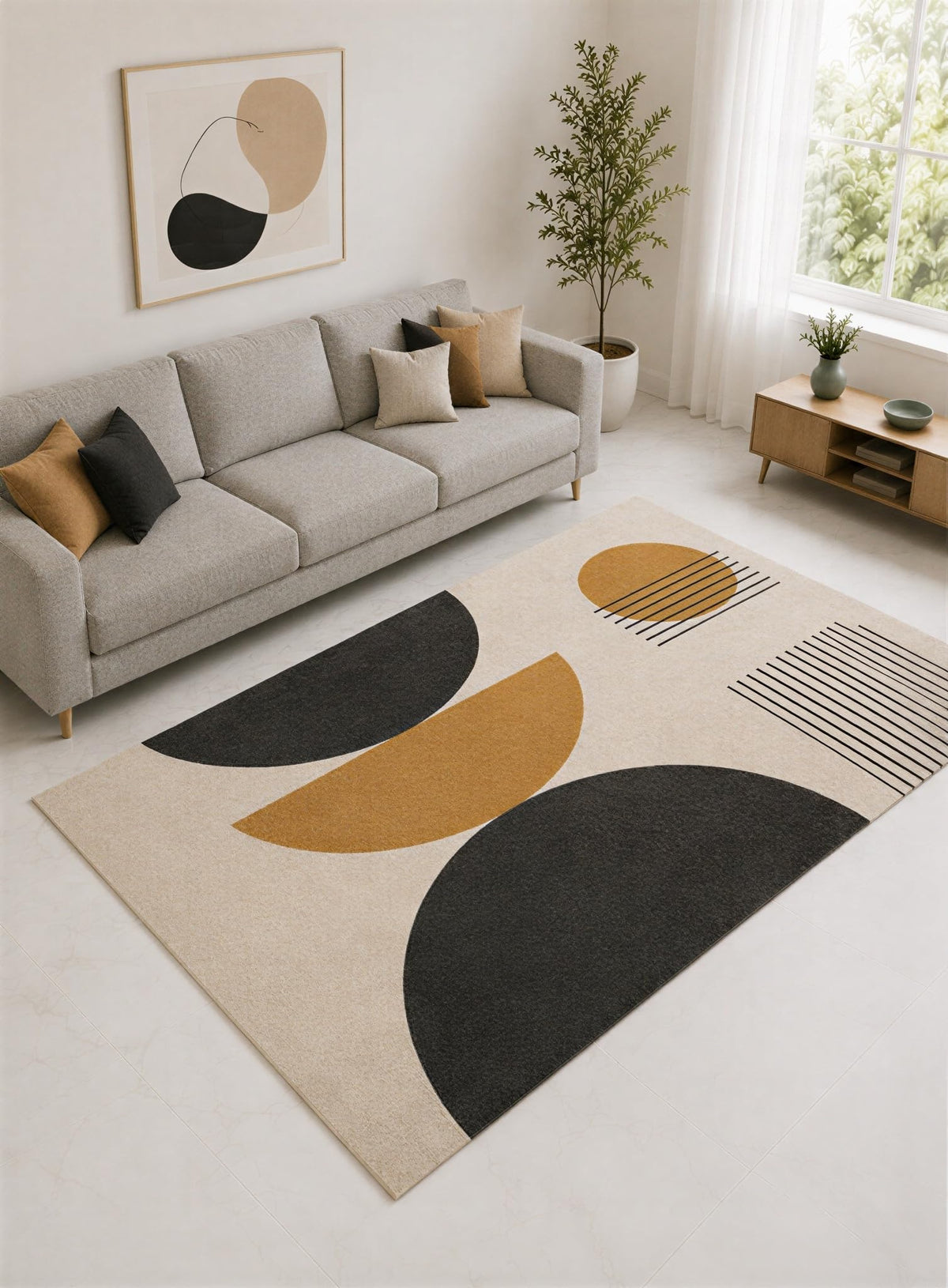 ICE ARMOR "Ultra Lightweight Large 6'7" x 9'10" Mustard and Charcoal Half Moon Geometric Area Rug for Living Room, Bedroom and Home Office, Soft Low Pile Carpet with Non-Slip Silicone Backing