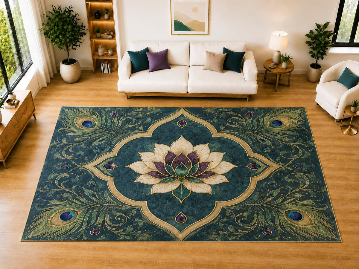 ICE ARMOR "Ultra Light Weight Large 6'7" x 9'10" Peacock Lotus Frame Area Rug for Living Room, Bedroom, Dining Room, Soft Low Pile Non-Slip Backing, Teal Ivory Purple