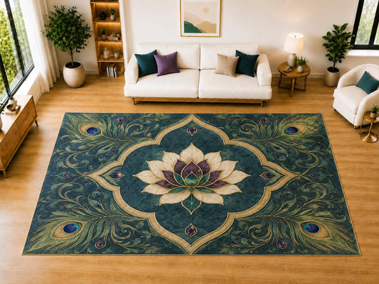 ICE ARMOR "Ultra Light Weight Large 6'7" x 9'10" Peacock Lotus Frame Area Rug for Living Room, Bedroom, Dining Room, Soft Low Pile Non-Slip Backing, Teal Ivory Purple