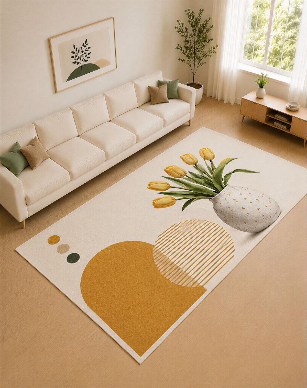 ICE ARMOR Large 6'7" x 9'10" Yellow and Ivory Tulip Vase Area Rug for Living Room, Soft Low Pile Carpet with Non-Slip Silicone Backing, Decor for Bedroom and Home Office
