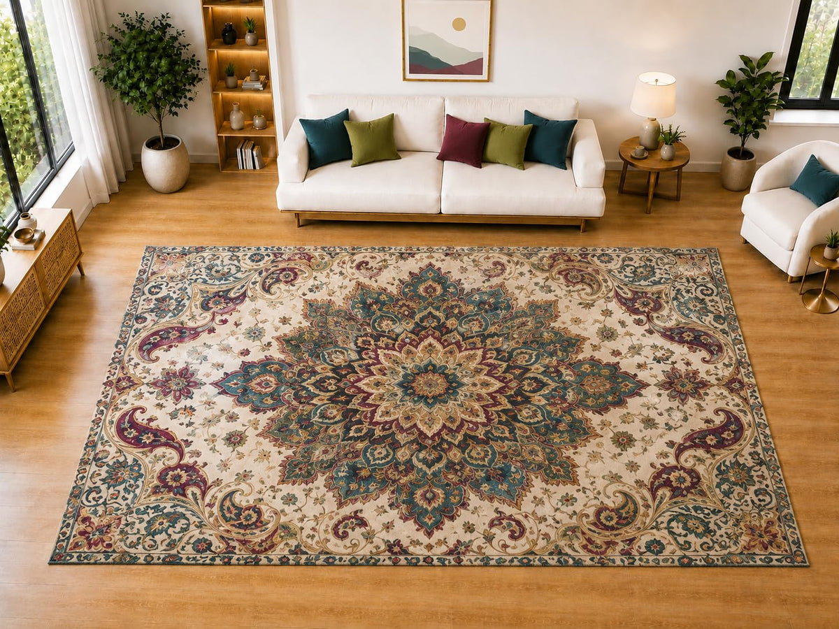 ICE ARMOR "Ultra Light Weight Large 6'7" x 9'10" Ornate Teal Burgundy Medallion Area Rug for Living Room, Bedroom, Dining Room, Soft Low Pile Non-Slip Backing, Teal Burgundy Cream