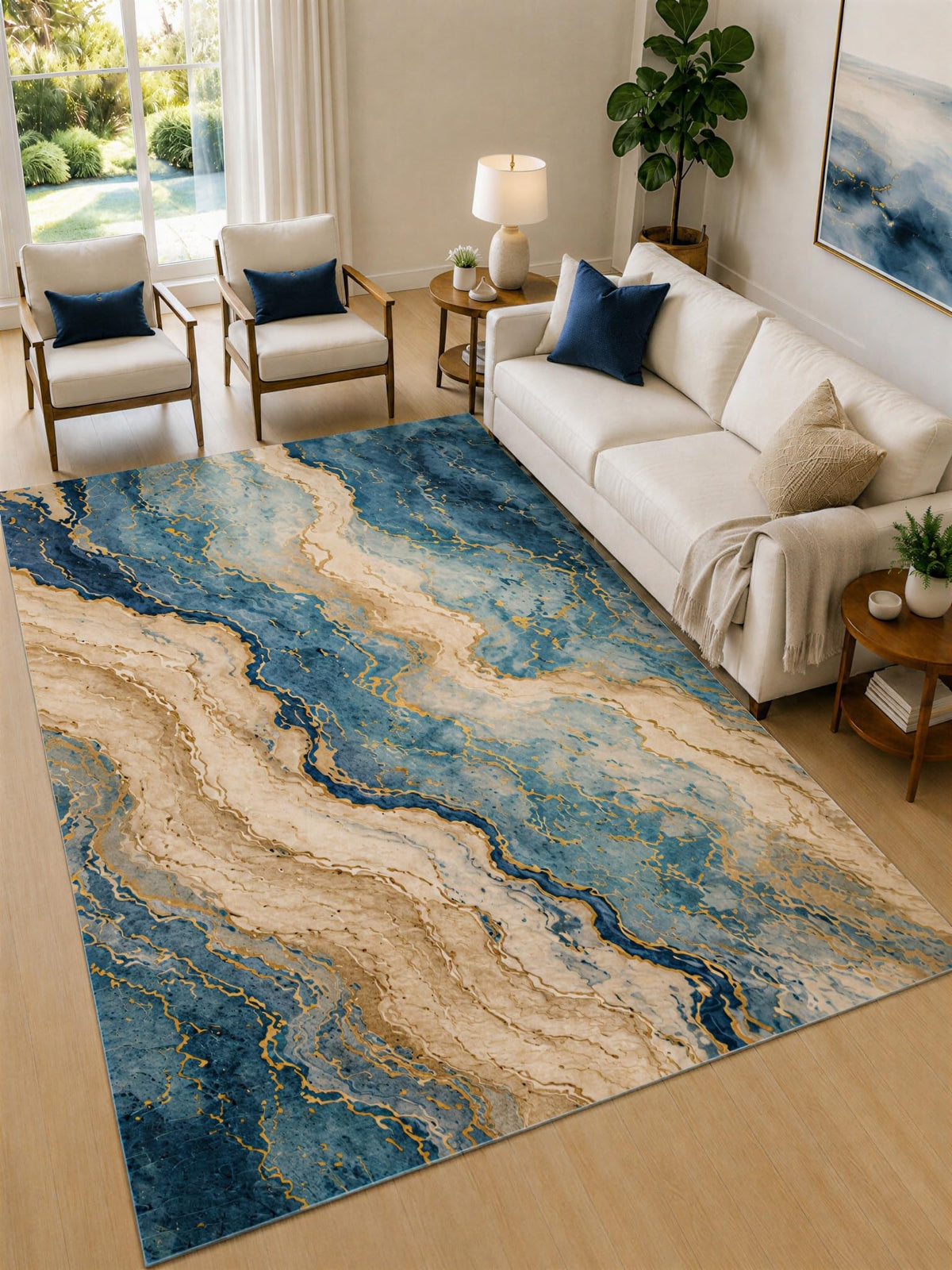 ICE ARMOR Large 6'7" x 9'10" Blue and Cream Marble Drift Area Rug for Living Room, Soft Low Pile Carpet with Non-Slip Silicone Backing, Decor for Bedroom and Home Office
