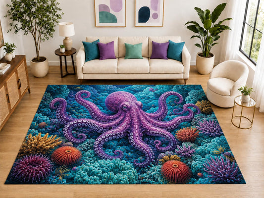 ICE ARMOR "Ultra Light Weight Large 6'7" x 9'10" Purple Octopus Rug for Bedroom, Soft Low Pile Indoor Rug and Non-Slip Silicone Backing, Teal