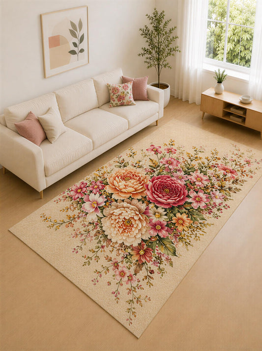 ICE ARMOR "Ultra Lightweight Large 6'7" x 9'10" Cream and Coral Cottage Floral Cluster Area Rug for Living Room, Bedroom and Home Office, Soft Low Pile Carpet with Non-Slip Silicone Backing