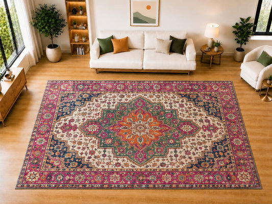 ICE ARMOR "Ultra Light Weight Large 6'7" x 9'10" Geometric Medallion Area Rug for Living Room, Bedroom, Dining Room, Soft Low Pile Non-Slip Backing, Pink Green Orange Navy
