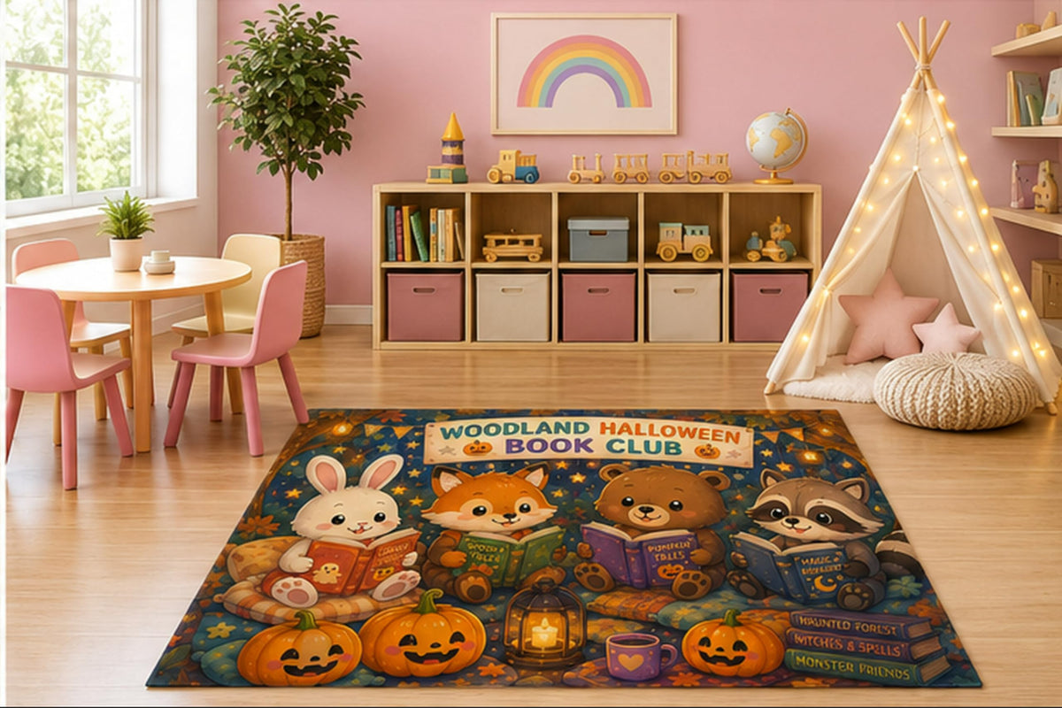 ICE ARMOR 5' x 7' Woodland Halloween Book Club Kids Area Rug, Cute Bunny Fox Bear Raccoon Reading Cartoon Playroom Nursery Bedroom Decor, Non-Slip Silicone Backing Low Pile