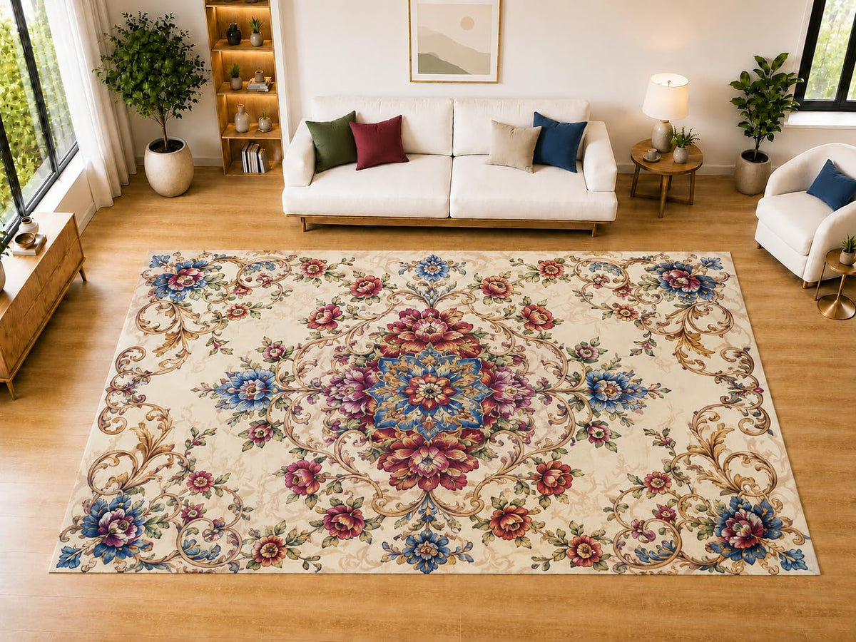 ICE ARMOR "Ultra Light Weight Large 6'7" x 9'10" Rose Scroll Medallion Area Rug for Living Room, Bedroom, Dining Room, Soft Low Pile Non-Slip Backing, Ivory Burgundy Blue