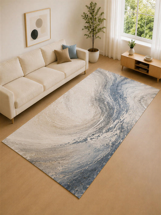 ICE ARMOR Large 6'7" x 9'10" Blue Gray and Ivory Spiral Wave Area Rug for Living Room, Soft Low Pile Carpet with Non-Slip Silicone Backing, Decor for Bedroom and Home Office