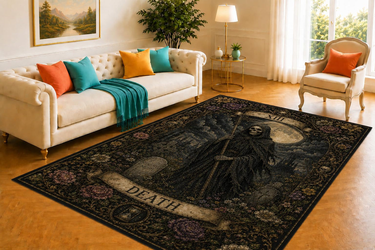 ICE ARMOR 5' x 7' Death Tarot Rug, Skeleton Moon and Floral Banner Artwork, Smooth Printed Floor Cover for Bedroom, Office, Lounge and Mystical Home Decor