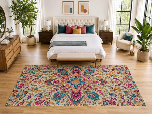ICE ARMOR "Ultra Light Weight Large 6'7" x 9'10" Boho Floral Paisley Rug, Soft Low Pile Indoor Rug, Non-Slip Silicone Backing for Bedroom Beige