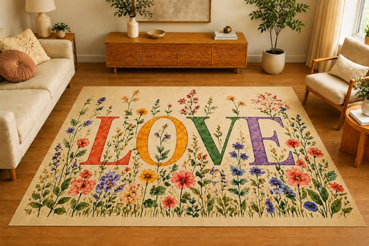 ICE ARMOR 5' x 7' Cottage Wildflower Love Area Rug, Soft Low Pile Indoor Rug with Non-Slip Silicone Backing, Decorative Carpet for Living Room, Bedroom, Family Room, Beige Pastel