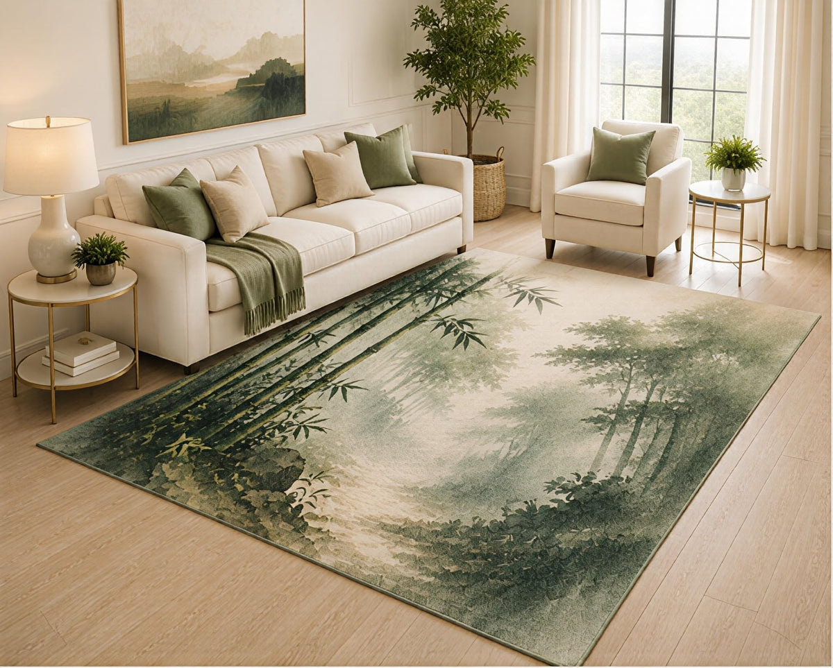 ICE ARMOR 5' x 7' Misty Forest Area Rug, Green Woodland Nature Landscape Watercolor Design for Living Room Bedroom Cabin, Non-Slip Silicone Backing, Low Pile Carpet