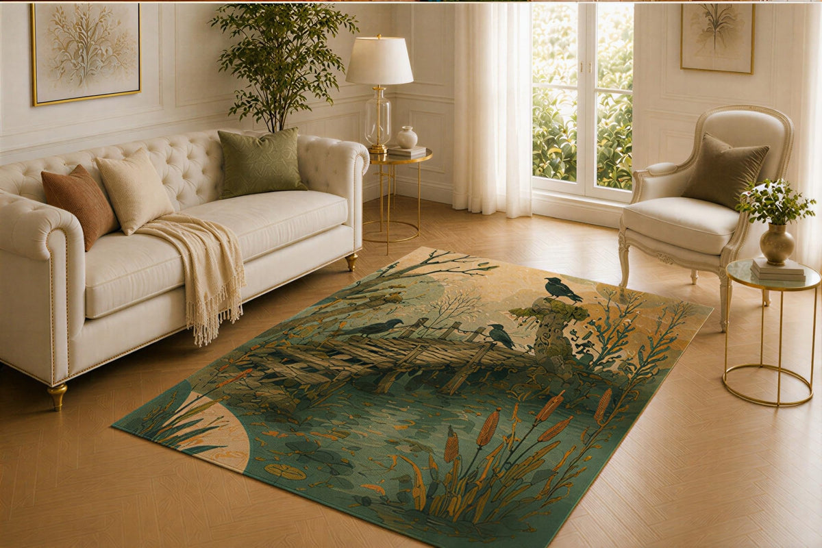 ICE ARMOR 5' x 7' Raven Marsh Rug, Broken Bridge Cattail and Pond Artwork, Smooth Printed Floor Cover for Living Room, Hallway, Study and Nature Decor
