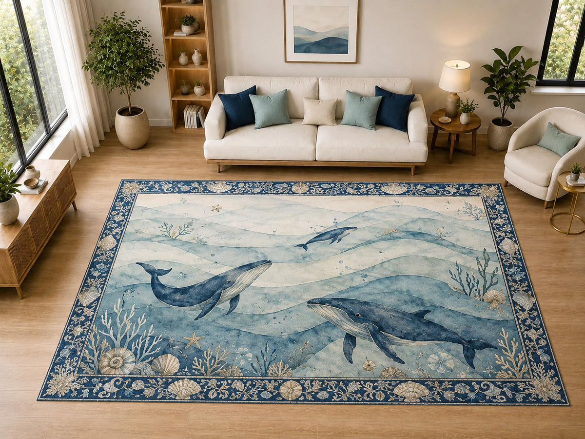 ICE ARMOR "Ultra Light Weight Large 6'7" x 9'10" Whale Ocean Coastal Decor, Living Room, Bedroom, Dining Room, Office, Family Room, Soft Low Pile Indoor Rug, Non-Slip Silicone Backing, Blue