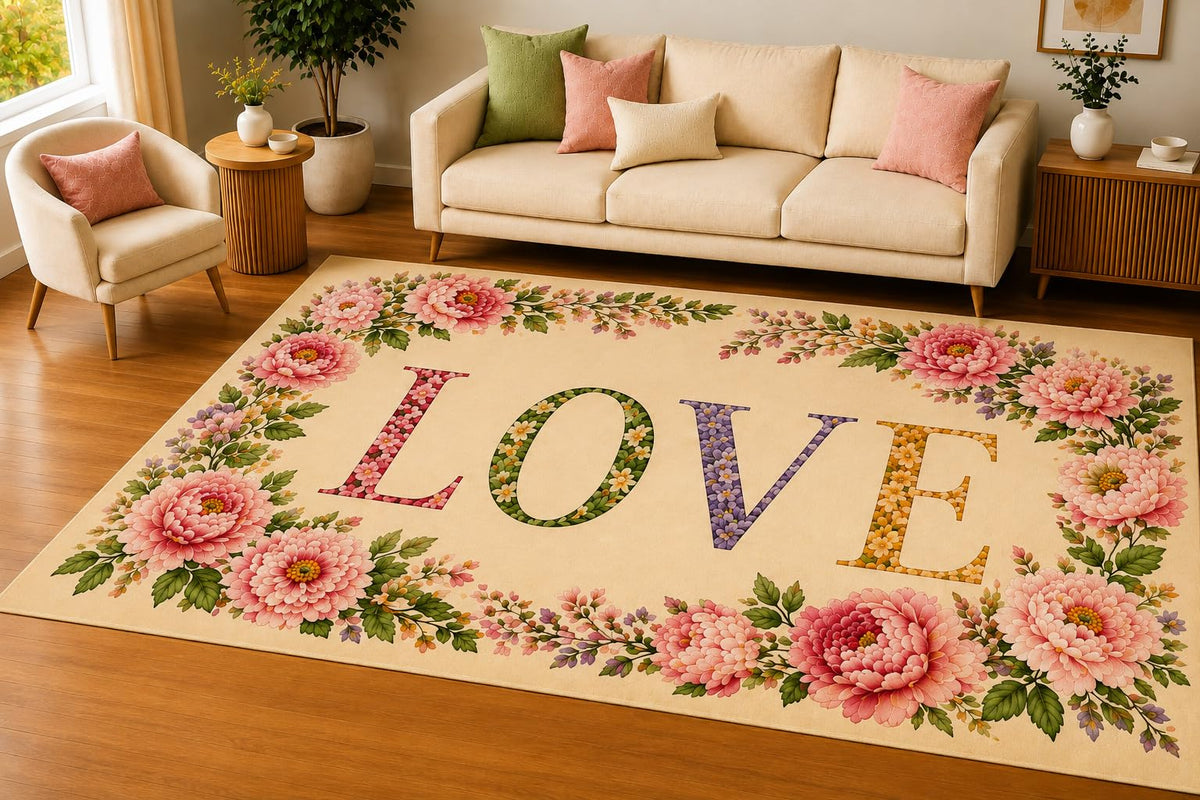 ICE ARMOR 5' x 7' Peony Floral Border Love Area Rug, Soft Low Pile Indoor Rug with Non-Slip Silicone Backing, Decorative Carpet for Living Room, Bedroom, Dining Room, Beige Pink