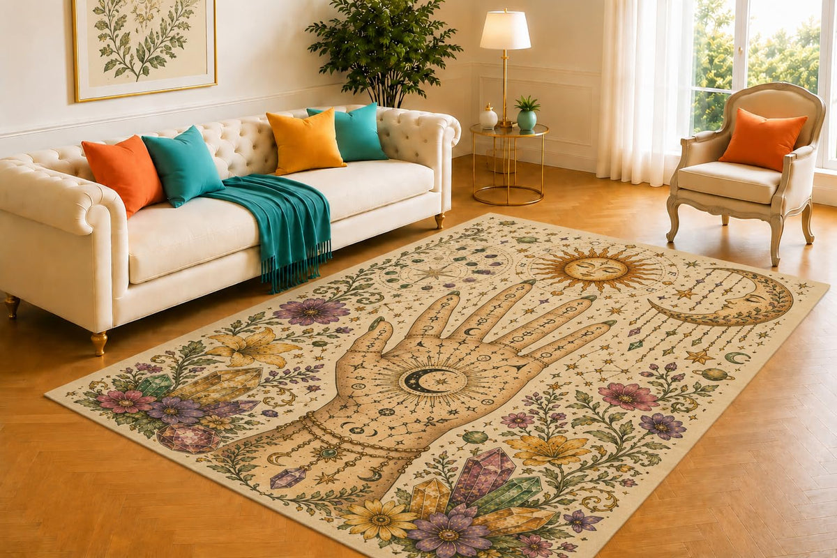ICE ARMOR 5' x 7' Mystical Hand Celestial Rug, Moon Star Constellation Motif, Smooth Printed Floor Cover for Bedroom, Studio, Lounge and Boho Home Decor