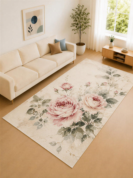 ICE ARMOR Large 6'7" x 9'10" Soft Pink and Ivory Vintage Peony Area Rug for Living Room, Soft Low Pile Carpet with Non-Slip Silicone Backing, Decor for Bedroom and Home Office