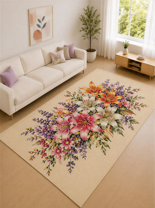 ICE ARMOR "Ultra Lightweight Large 6'7" x 9'10" Cream and Orange Lily Meadow Area Rug for Living Room, Bedroom and Home Office, Soft Low Pile Carpet with Non-Slip Silicone Backing