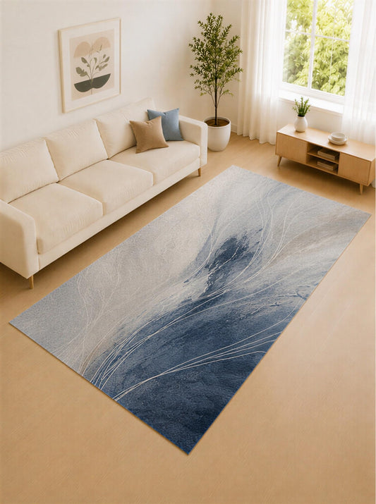 ICE ARMOR Large 6'7" x 9'10" Slate Blue and Ivory Linear Flow Area Rug for Living Room, Soft Low Pile Carpet with Non-Slip Silicone Backing, Decor for Bedroom and Home Office