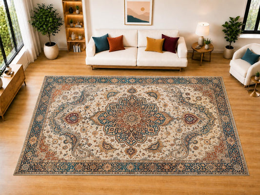 ICE ARMOR "Ultra Light Weight Large 6'7" x 9'10" Vintage Teal Floral Medallion Area Rug for Living Room, Bedroom, Dining Room, Soft Low Pile Non-Slip Backing, Teal Rust Cream
