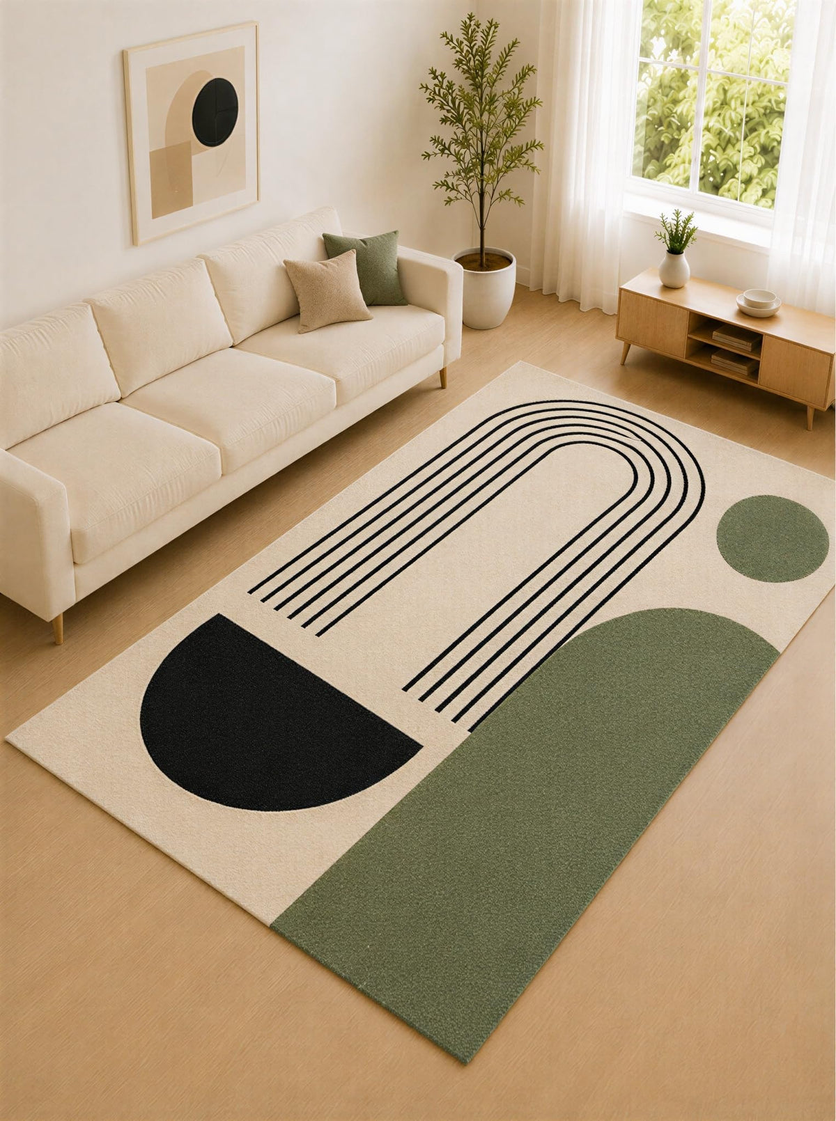 ICE ARMOR "Ultra Lightweight Large 6'7" x 9'10" Ivory and Sage Rainbow Curve Area Rug for Living Room, Bedroom and Home Office, Soft Low Pile Carpet with Non-Slip Silicone Backing