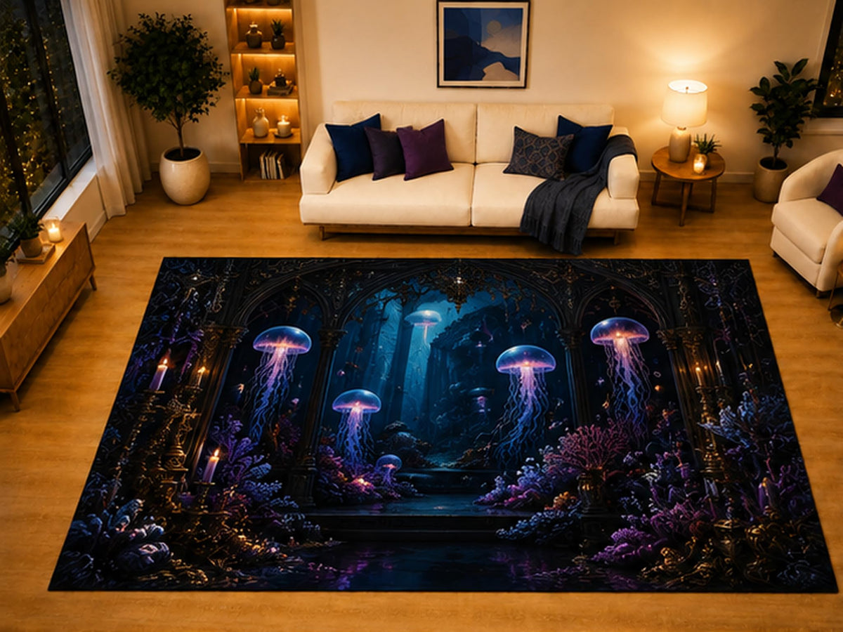 ICE ARMOR "Ultra Light Weight Large 6'7" x 9'10" Gothic Jellyfish Aquarium Area Rug for Living Room Bedroom Dining Area, Soft Low Pile Non-Slip Backing, Blue Purple Black Fantasy Decor