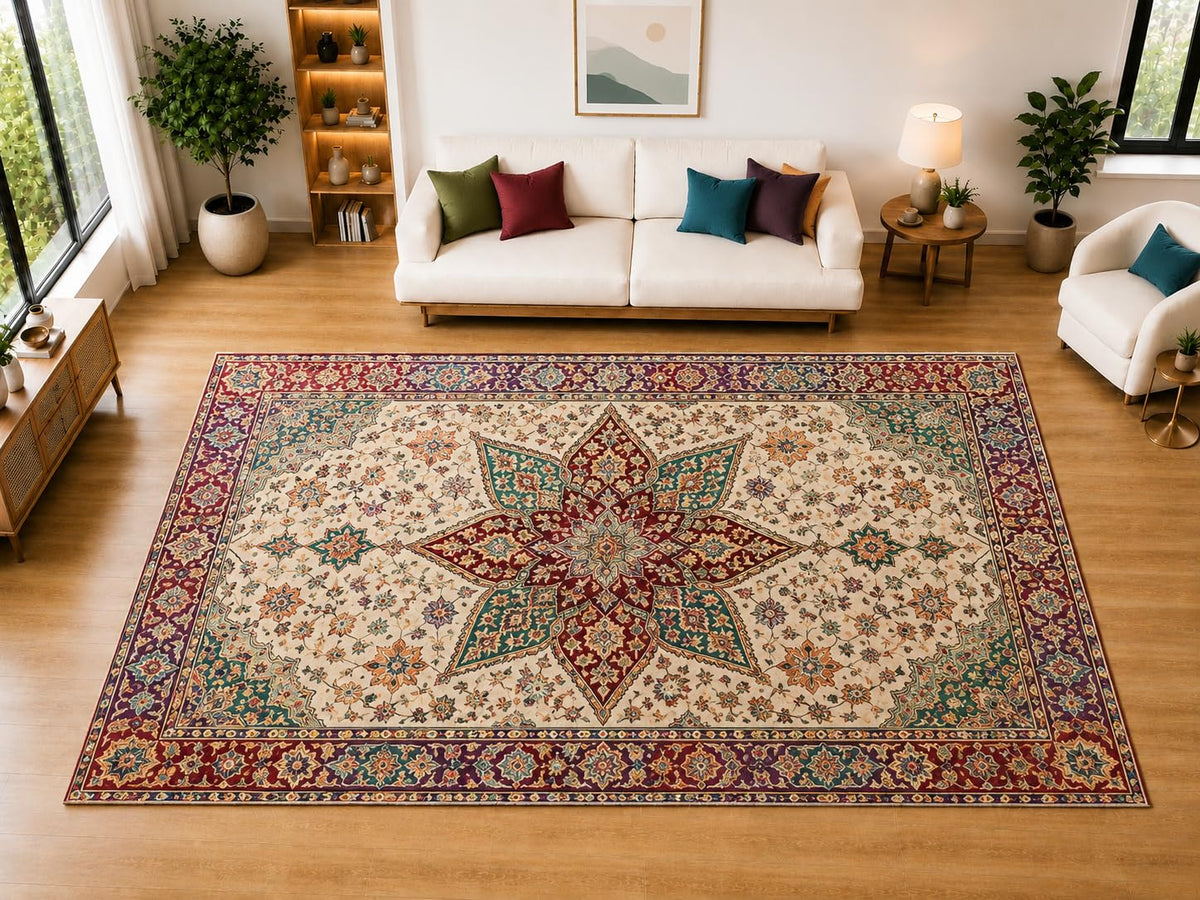 ICE ARMOR "Ultra Light Weight Large 6'7" x 9'10" Star Floral Medallion Area Rug for Living Room Bedroom Dining Room, Soft Low Pile Non-Slip Backing, Burgundy Teal Cream Orange Traditional Decor