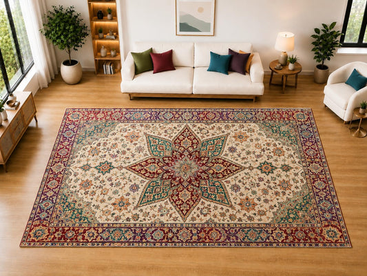 ICE ARMOR "Ultra Light Weight Large 6'7" x 9'10" Star Floral Medallion Area Rug for Living Room Bedroom Dining Room, Soft Low Pile Non-Slip Backing, Burgundy Teal Cream Orange Traditional Decor