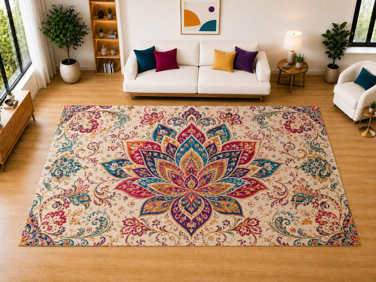 ICE ARMOR "Ultra Light Weight Large 6'7" x 9'10" Vibrant Lotus Medallion Area Rug for Living Room, Bedroom, Dining Room, Soft Low Pile Non-Slip Backing, Teal Fuchsia