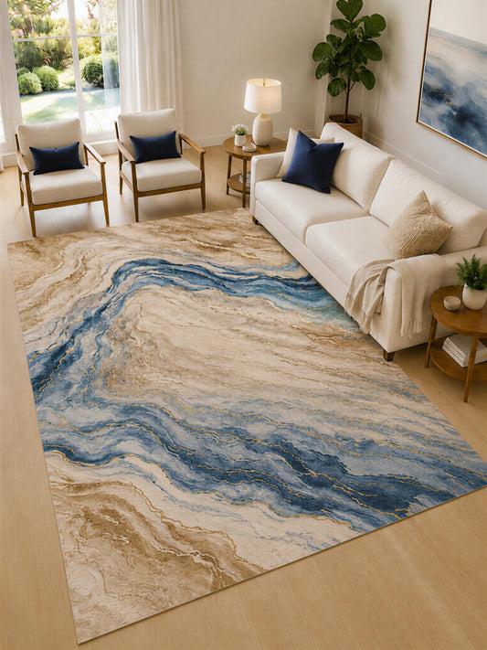 ICE ARMOR Large 6'7" x 9'10" Blue and Cream Coastal Flow Area Rug for Living Room, Soft Low Pile Carpet with Non-Slip Silicone Backing, Decor for Bedroom and Home Office
