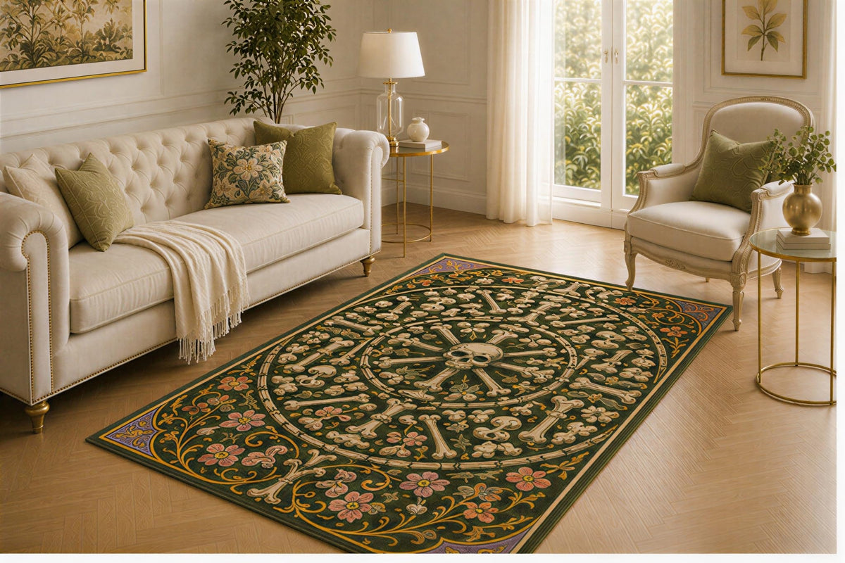 ICE ARMOR 5' x 7' Ossuary Wheel Rug, Skull and Bone Mandala with Floral Scrollwork Design, Smooth Printed Floor Cover for Bedroom, Living Room, Library and Dark Gothic Home Decor