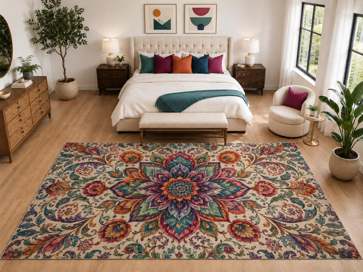 ICE ARMOR "Ultra Light Weight Large 6'7" x 9'10" Boho Floral Mandala Rug, Soft Low Pile Indoor Rug, Non-Slip Silicone Backing for Bedroom Beige